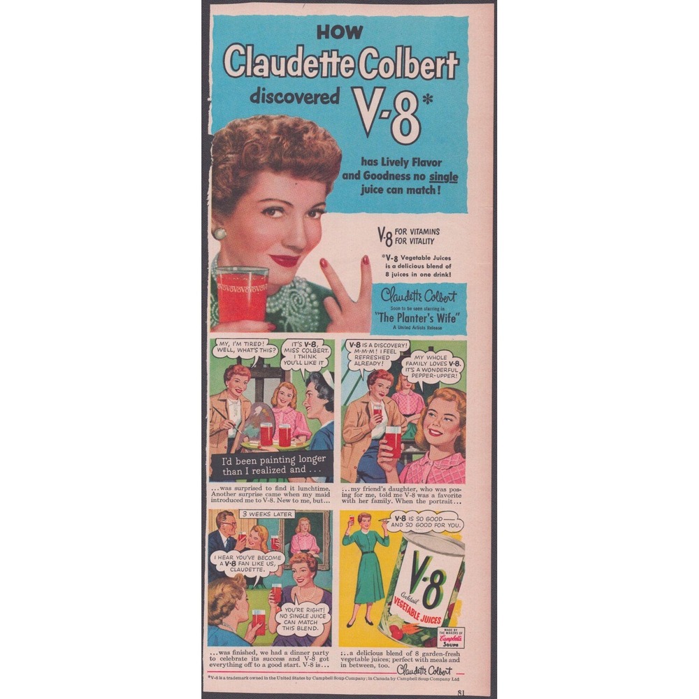 Vintage 1952 V-8 Vegetable Juice Ad Claudette Colbert The Planters Wife Print